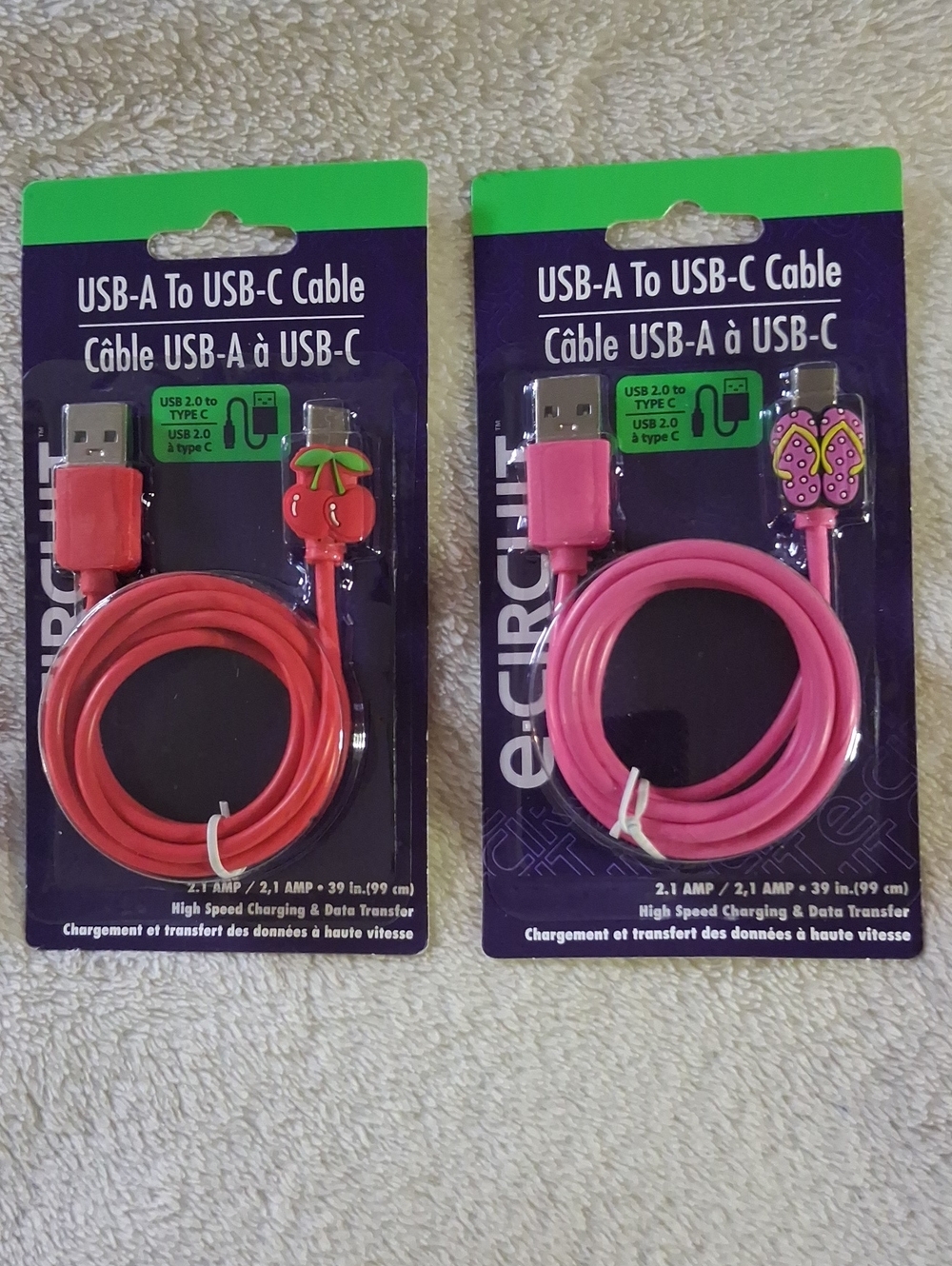 2 USB-A to USB-C Decorative Cable - Red Cherries and Pink Flip Flops Brand New